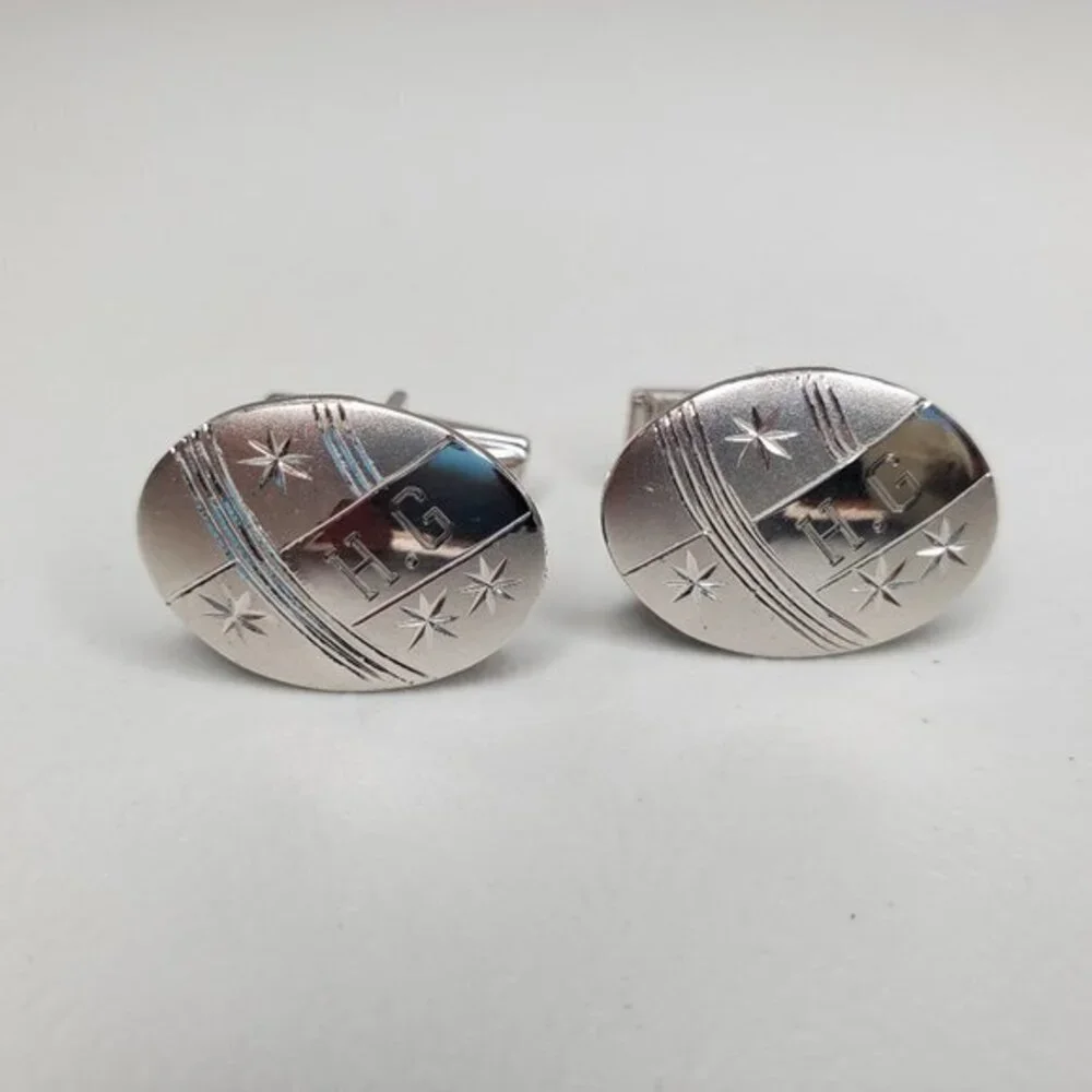 Cuff Links Monogram HG‎ H G Engraved Star Matte Str